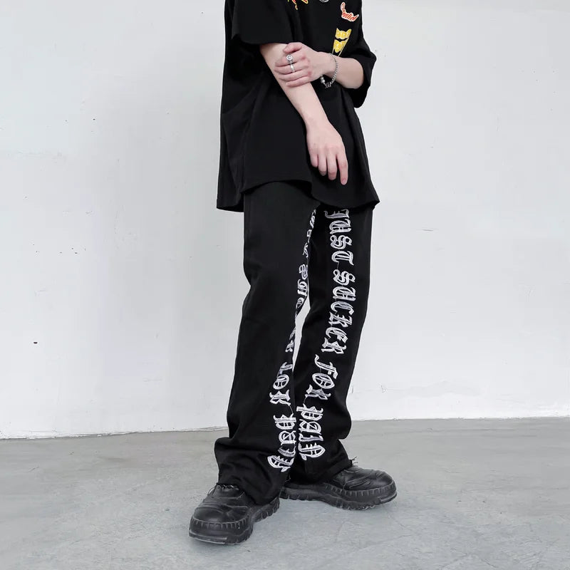 fashion letters embroidery denim flare jeans mens high street elastic waist straight trouser hip hop streetwear pants joggers relaxed fit joggers