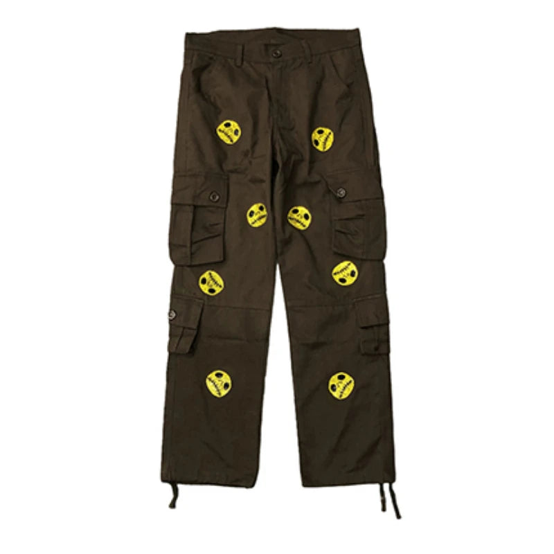 mens high street smilely loose cargo pants casual zipper straight jeans hip hop side pockets loose fit streetwear casual joggers unique joggers style 3472