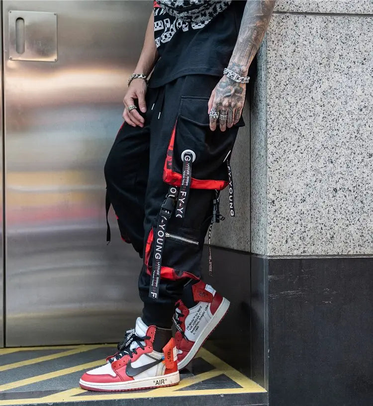 men hip hop black cargo pants joggers sweatpants overalls men ribbons streetwear harem pants women fashions trousers unique joggers style 2699