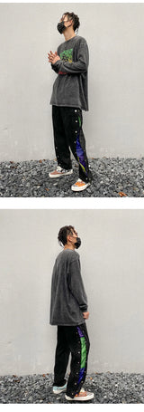 mens side buttons patchwork harajuku straight pants casual elastic waist fake suede trousers hip hop streetwear casual joggers unique joggers style 3903