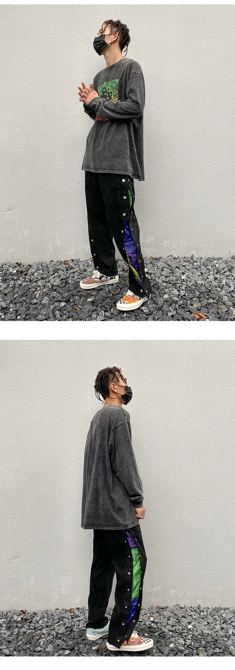 mens side buttons patchwork harajuku straight pants casual elastic waist fake suede trousers hip hop streetwear casual joggers unique joggers style 3903