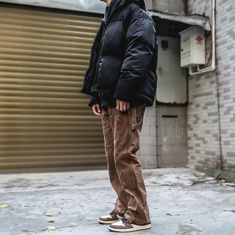 2023 streetwear graffiti cargo flared jeans khaki black splash ink wide leg denim pant hip hop cargo trousers jean men unique cargo style 5160