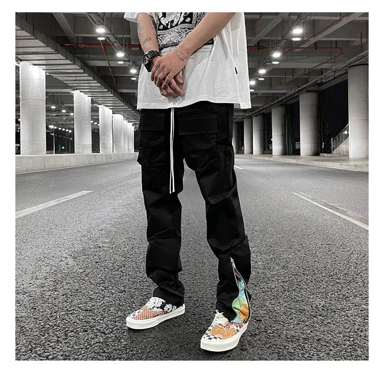 mens high street loose fit elastic waist pants bottom zipper patchwork cargo pants hip hop drawstring sportwear pants joggers unique joggers style 5424