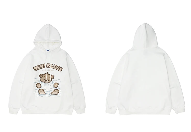 Men Hip Hop Streetwear Hoodie Sweatshirt Funny Bear Japanese Kanji Pul