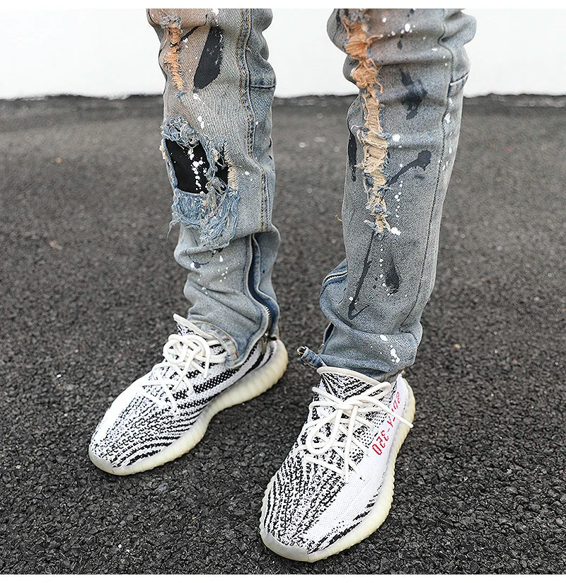 bottom zipper destroyed jeans skinny jeans ripped slim men biker jeans fashion graffiti printed streetwear hip hop pants joggers unique joggers style 655