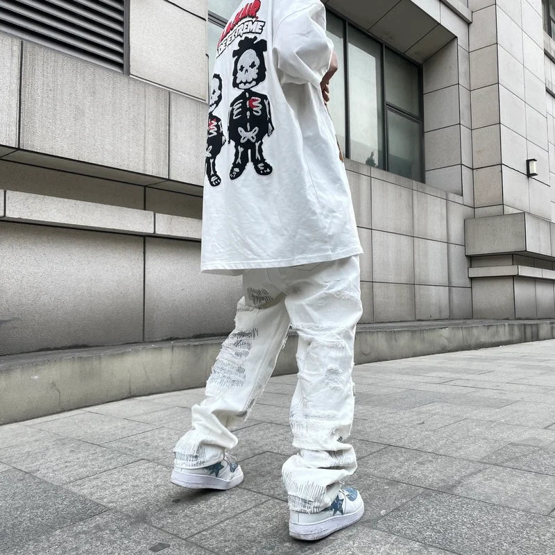 mens high street denim jean pants new casual loose ripped holes straight zipper white jeans trousers hip hop streetwear joggers urban active pants