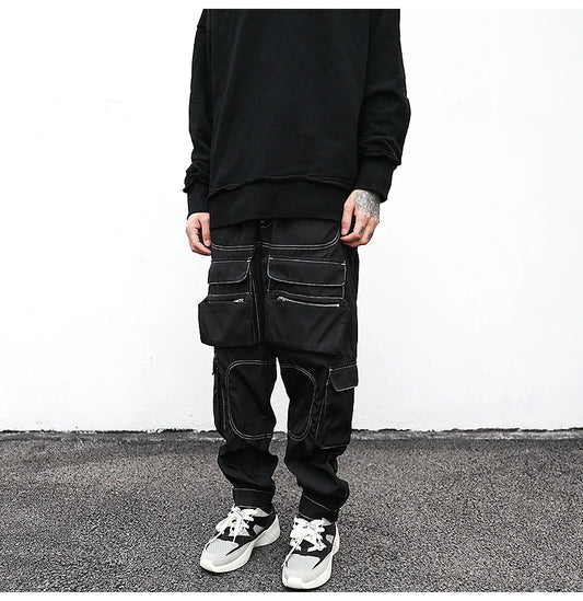 men pockets cargo pants new fashion zipper loose fit harajuku military trousers casual hip hop sportswear streetwear black pants utility cargo pants