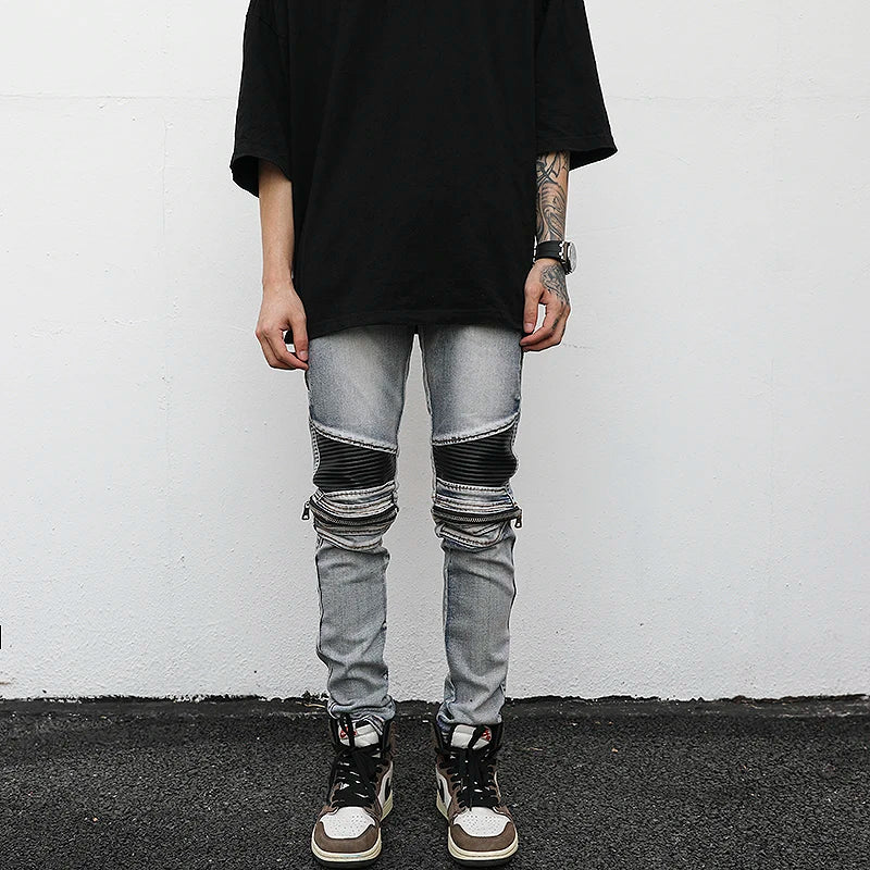 high street pu leather zippers patchwork biker jeans mens stretch denim slim jean pants motorcycle slim trousers hip hop pants stacked flare jeans