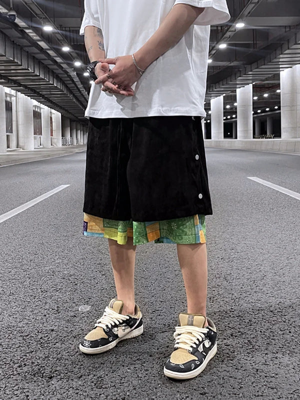 men side buttons patchwork harajuku straight shorts new elastic waist short pants joggers hip hop streetwear casual sweatshorts relaxed fit joggers