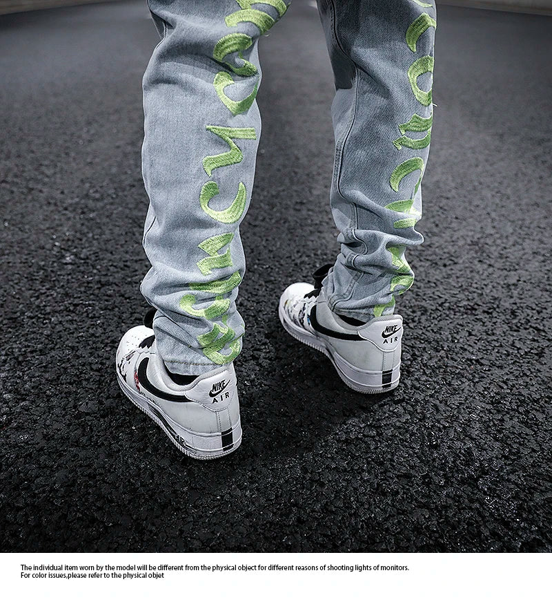 men back letter embroidery denim jean pants fashion slim zipper biker jeans trouser new casual hip hop streetwear pants joggers unique joggers style 1303