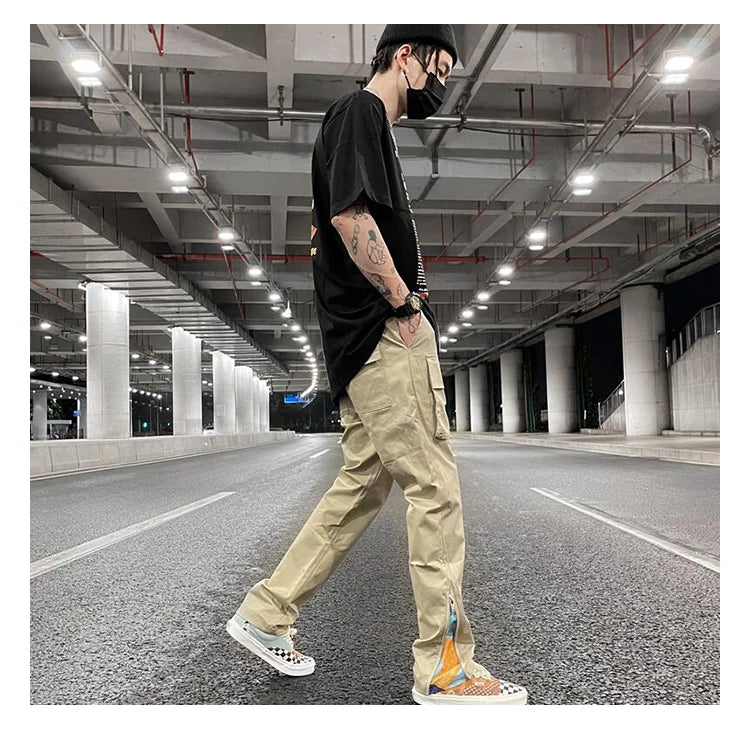 mens high street loose fit elastic waist pants bottom zipper patchwork cargo pants hip hop drawstring sportwear pants joggers unique joggers style 5419