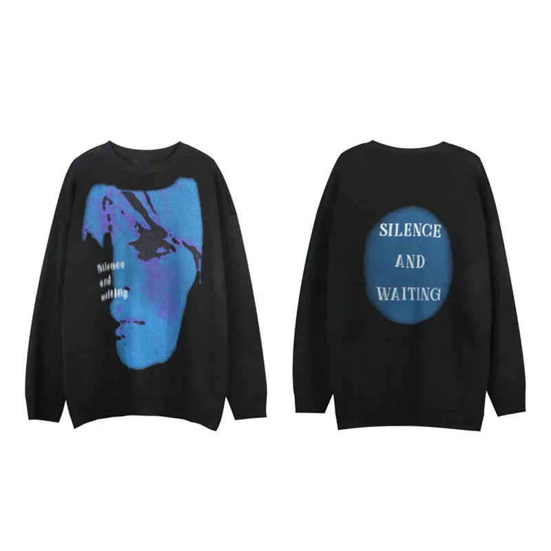 men knitted sweater harajuku printed oversized sweater new casual o neck long sleeve pullover streetwear loose sweaters clothing Y2K vintage urban hoodie, urban wear with bold artwork, aesthetic street look hoodie
