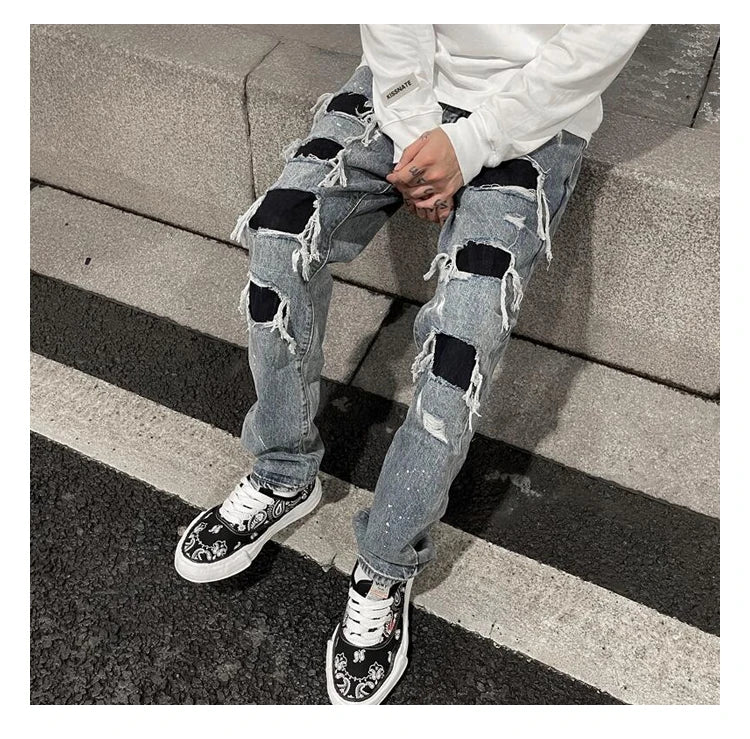 men ripped holes denim jean pants hip hip new fashion straight patchwork pants new casual jeans streetwear mens trousers joggers unique joggers style 1405