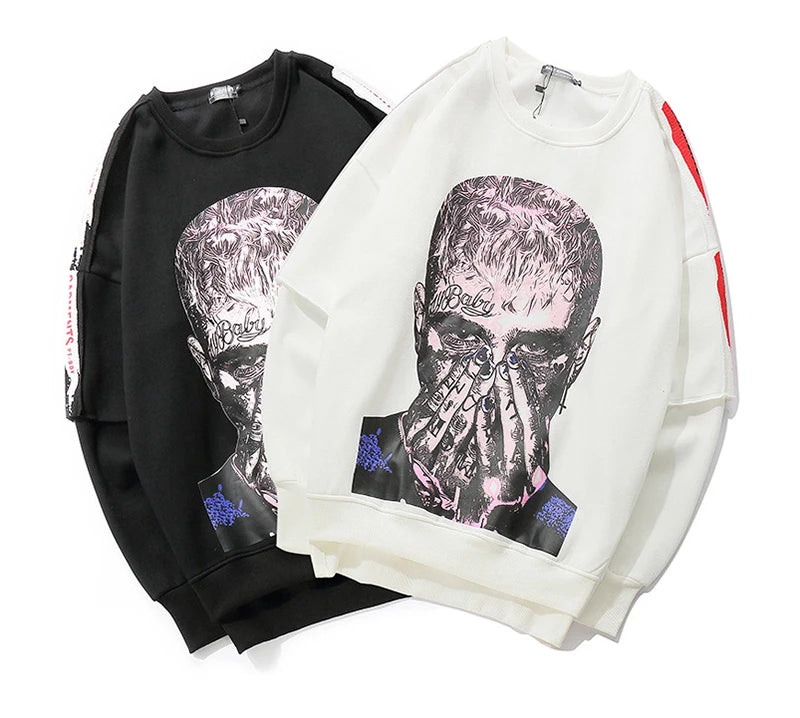 rainbowtouches long sleeve t shirt mens sweater high street fashion hip hop figure print stitching cuff design pattern coats unique limited edition hoodie, Y2K vintage urban hoodie, urban wear with bold artwork