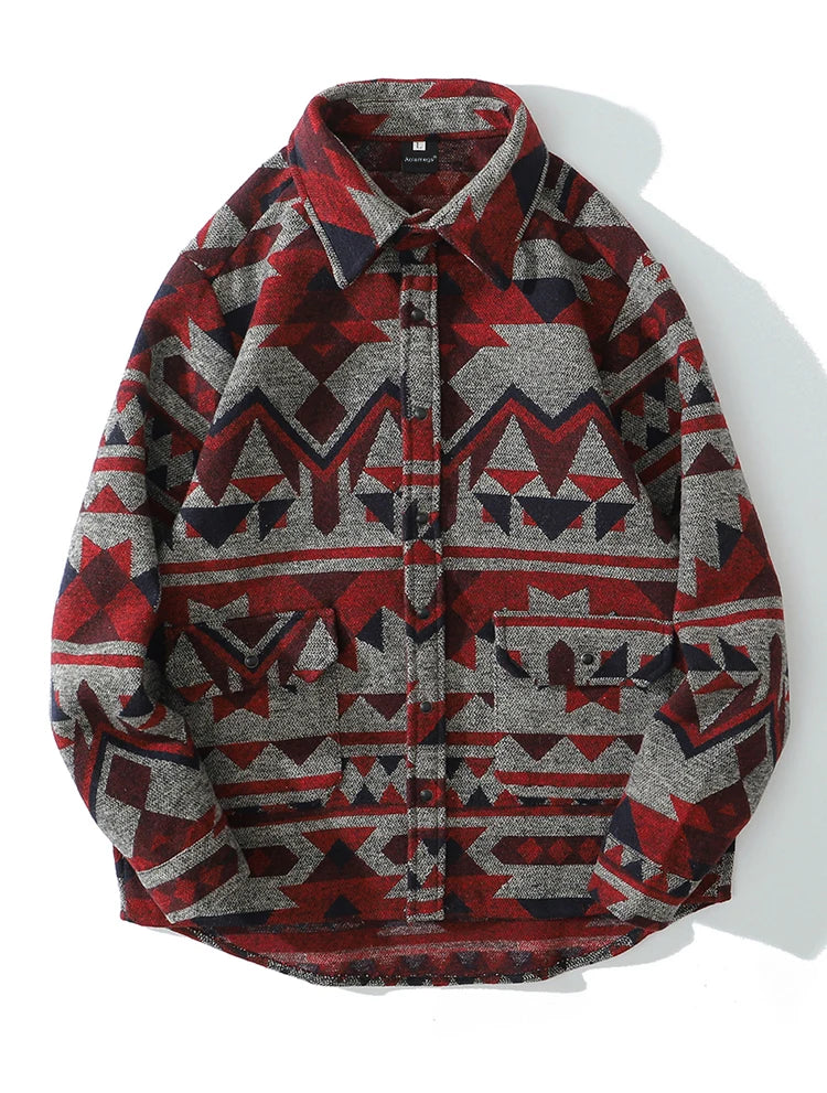 Aolamegs Patchwork Color Retro Geometric Pattern Men Shirt Thick Casual Baggy Big Pockets Harajuku High Street Autumn Streetwear