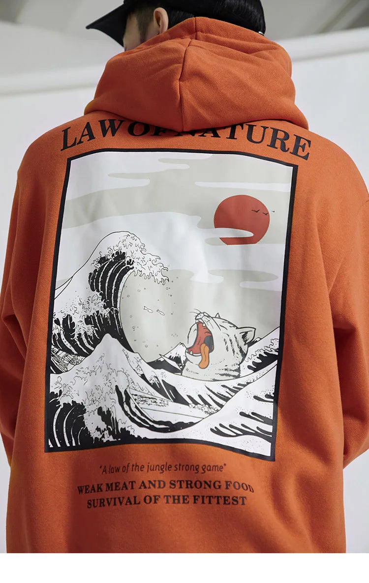 Embroidery Funny Cat Hoodies Sweatshirt Men Hip Hop Winter Fleece Pull