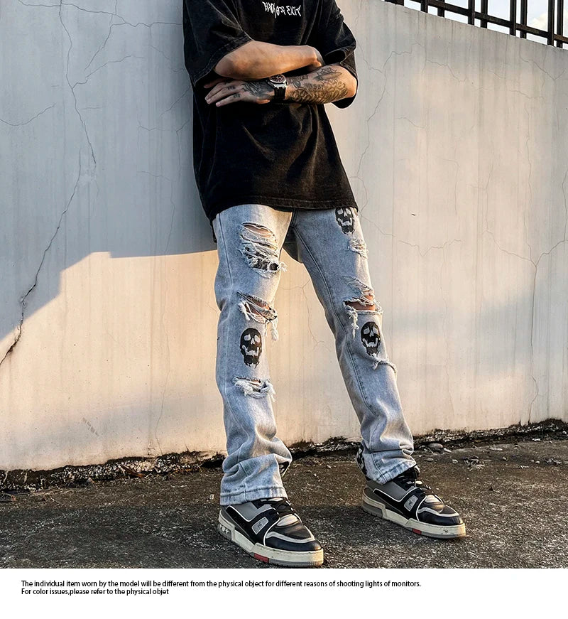 fashion skull printed denim jeans mens destoryed holes zipper flare jeans hip hop streetwear summer casual joggers jeans pants unique joggers style 3775