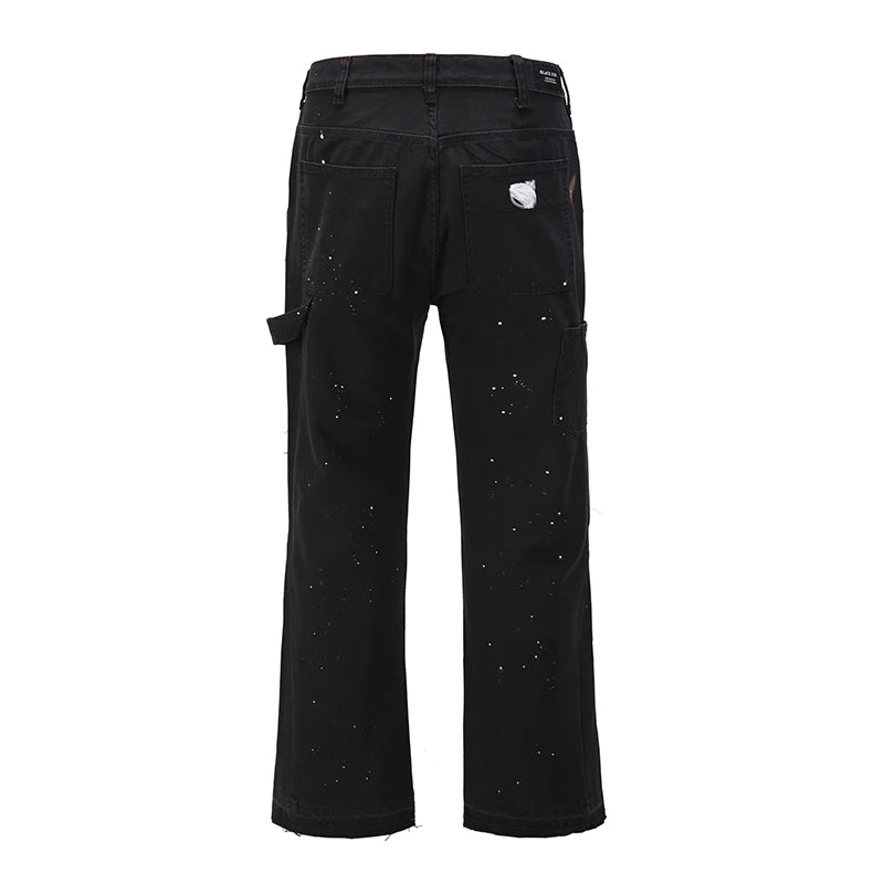 2023 streetwear graffiti cargo flared jeans khaki black splash ink wide leg denim pant hip hop cargo trousers jean men unique cargo style 5164