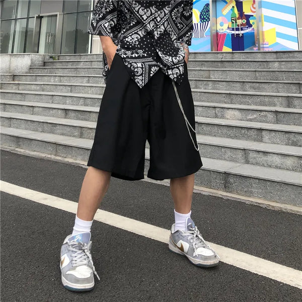 mens shorts summer casual black zipper elastic waist straight short pants with chain new hip hop streetwear loose shorts joggers sporty tapered joggers
