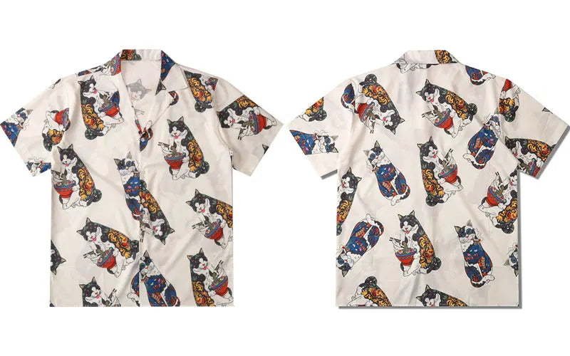 Sadcore Oversized shirt – Gonthwid Hawaiian Beach Shirts Harajuku Japanese Tattoo Cat