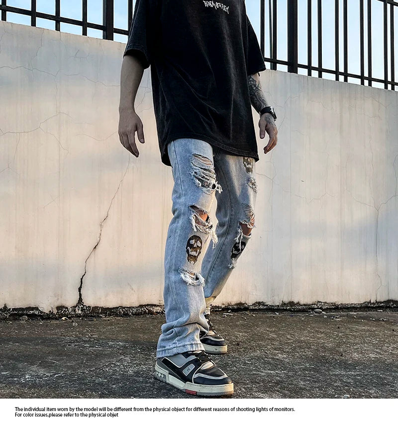 fashion skull printed denim jeans mens destoryed holes zipper flare jeans hip hop streetwear summer casual joggers jeans pants unique joggers style 3773