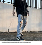 fashion skull printed denim jeans mens destoryed holes zipper flare jeans hip hop streetwear summer casual joggers jeans pants unique joggers style 3773