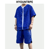 2 Pieces Sets Men Harajuku Pattern Single Breasted Short Sleeve Baseball Shirts and Drewstring Shorts Joggers Streetwear Sets