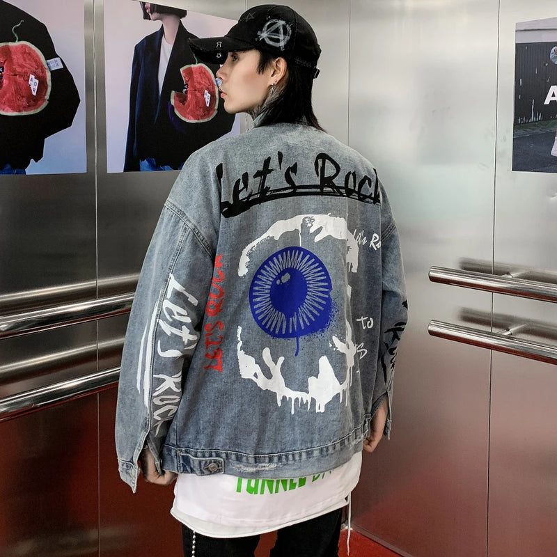 winter street style featuring mens graffiti letter denim jackets fashion turn down collar long sleeve coats outerwear hip hop casual streetwear jeans jackets design – premium quality jacket for men