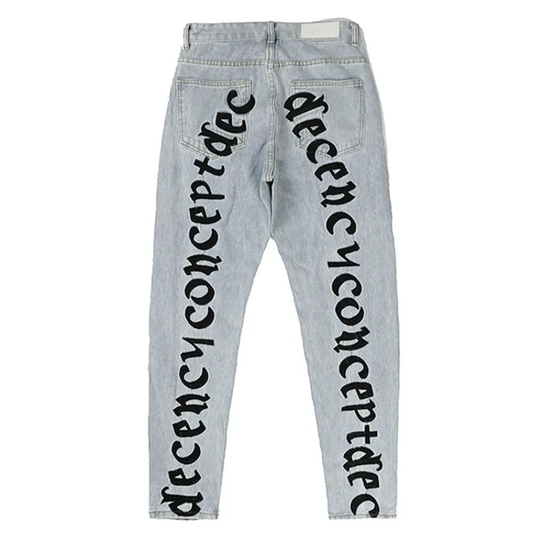 men back letter embroidery denim jean pants fashion slim zipper biker jeans trouser new casual hip hop streetwear pants joggers unique joggers style 1289