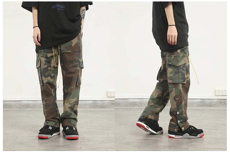 camouflage cargo pants men vintage side multi pocket button mens camou straight trousers streetwear military overalls for male unique cargo style 2085