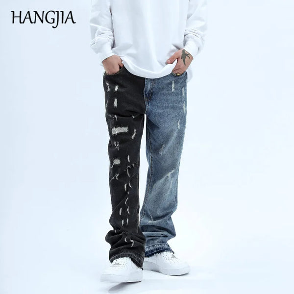 men colorblocked flared jeans washed hole vintage hip hop patchwork flare denim pants distressed ripped men denim jeans wide ripped baggy denim