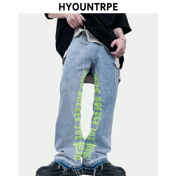 fashion letters embroidery denim flare jeans mens high street elastic waist straight trouser hip hop streetwear pants joggers sporty tapered joggers