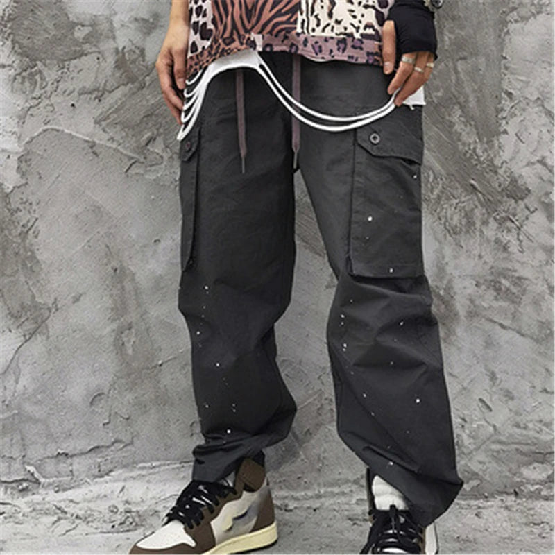 rainbowtouches fashion classic brand mens baggy cargo pants soild color trousers loose straight tooling style lace up overalls unique cargo style 1703