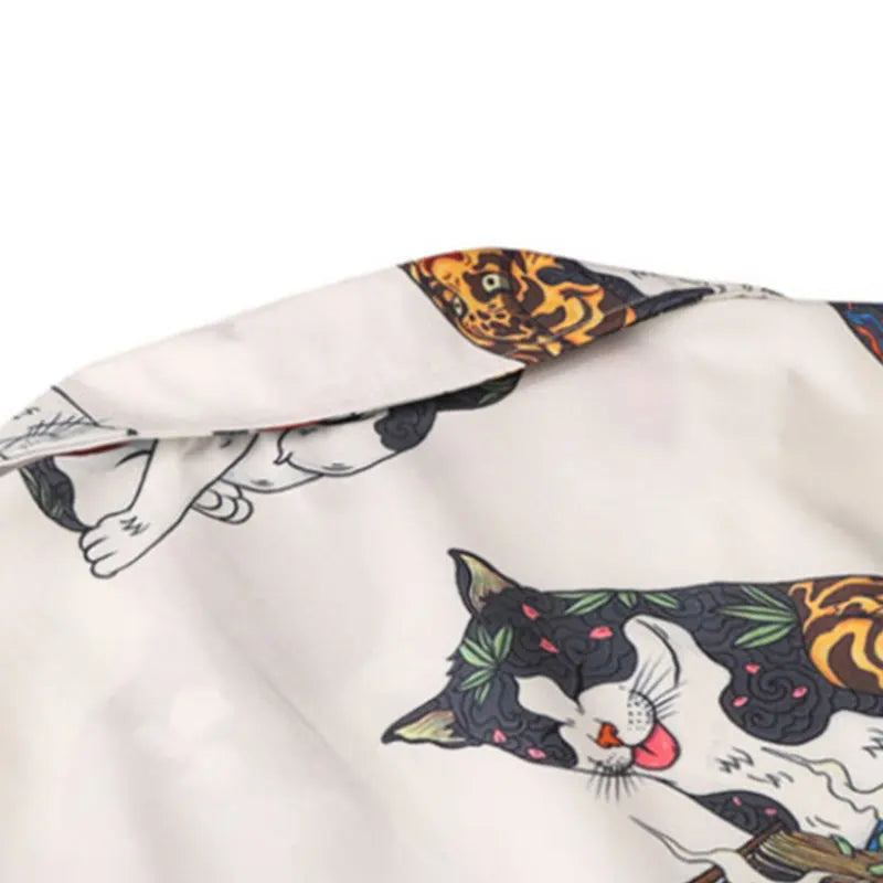 Sadcore Oversized shirt – Gonthwid Hawaiian Beach Shirts Harajuku Japanese Tattoo Cat