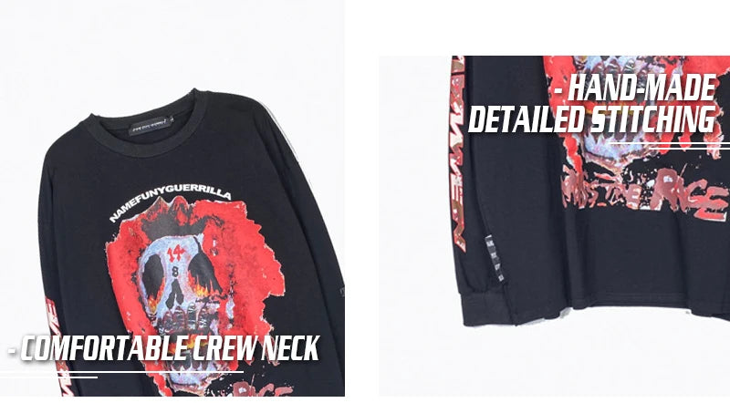rainbowtouches long sleeve t shirt men high street skeleton skull graffiti print women hip hop couple sweatercoat unisex design aesthetic street look hoodie, Y2K vintage urban hoodie, trendy hip hop style outerwear