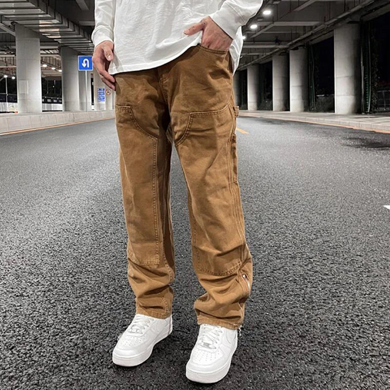 harajuku ankle zipper logging pants overalls mens straight streetwear oversized retro baggy cargo pants loose casual trousers multi-pocket cargos