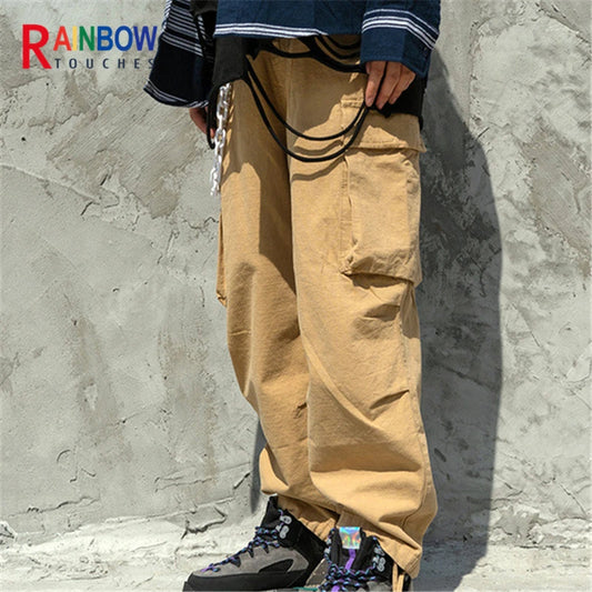 rainbowtouches high street overalls mens big pocket straight pants ins trendy hip hop loose casual close up wide leg trousers menswear bottoms