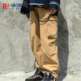 rainbowtouches fashion classic brand mens cargo pants big pocket tooling trousers loose high street style solid color overalls baggy cargo bottoms