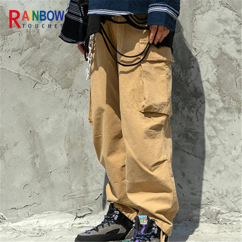 rainbowtouches high street overalls mens big pocket straight pants ins trendy hip hop loose casual close up wide leg trousers menswear bottoms