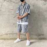 2 Pieces Sets Men Fashion Striped Printed Short Sleeves Single Breasted Loose Shirts and Shorts Joggers Streetwear Hip Hop Set
