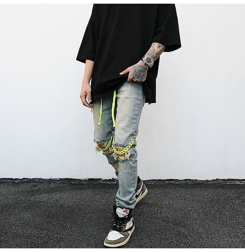 high street knee hole with chain ripped biker jeans mens slim fit denim pants autumn new streetwear casual hip hop pants joggers unique joggers style 4255