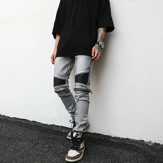high street pu leather zippers patchwork biker jeans mens stretch denim slim jean pants motorcycle slim trousers hip hop pants urban skinny jeans