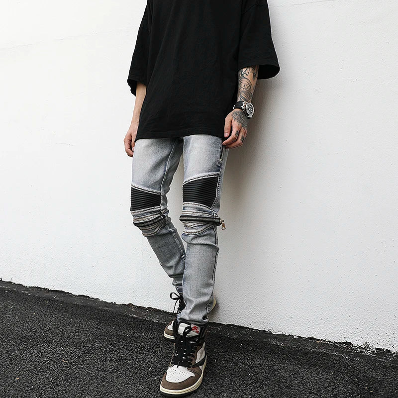 high street pu leather zippers patchwork biker jeans mens stretch denim slim jean pants motorcycle slim trousers hip hop pants urban skinny jeans