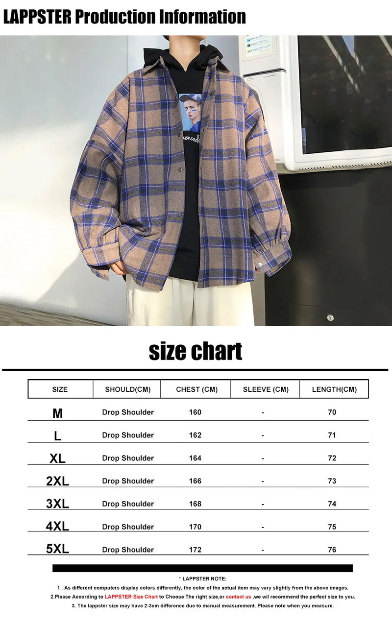 LAPPSTER Y2k Harajuku Harajuku Plaid Shirt 2023 Man Streetwear Fleece Shirts Long Sleeve Mens Vintage Korean Fashions Clothes