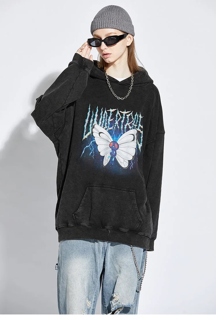 2023 Men Hip Hop Hoodie Sweatshirt Lightning Butterfly Streetwear Hoodie Retro Vintage Washed Black Hooded Pullover Harajuku
