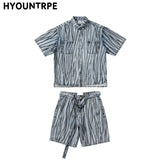 2 Pieces Sets Men Fashion Striped Printed Short Sleeves Single Breasted Loose Shirts and Shorts Joggers Streetwear Hip Hop Set