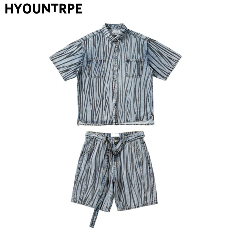 2 Pieces Sets Men Fashion Striped Printed Short Sleeves Single Breasted Loose Shirts and Shorts Joggers Streetwear Hip Hop Set