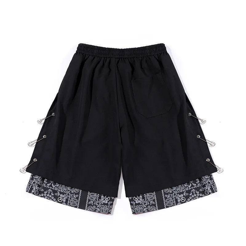 Mens Shorts Hip Hop Stitching Sweat Shorts with Pin Unisex Elastic Waist Loose Straight Streetwear Sports Shorts Casual Shorts