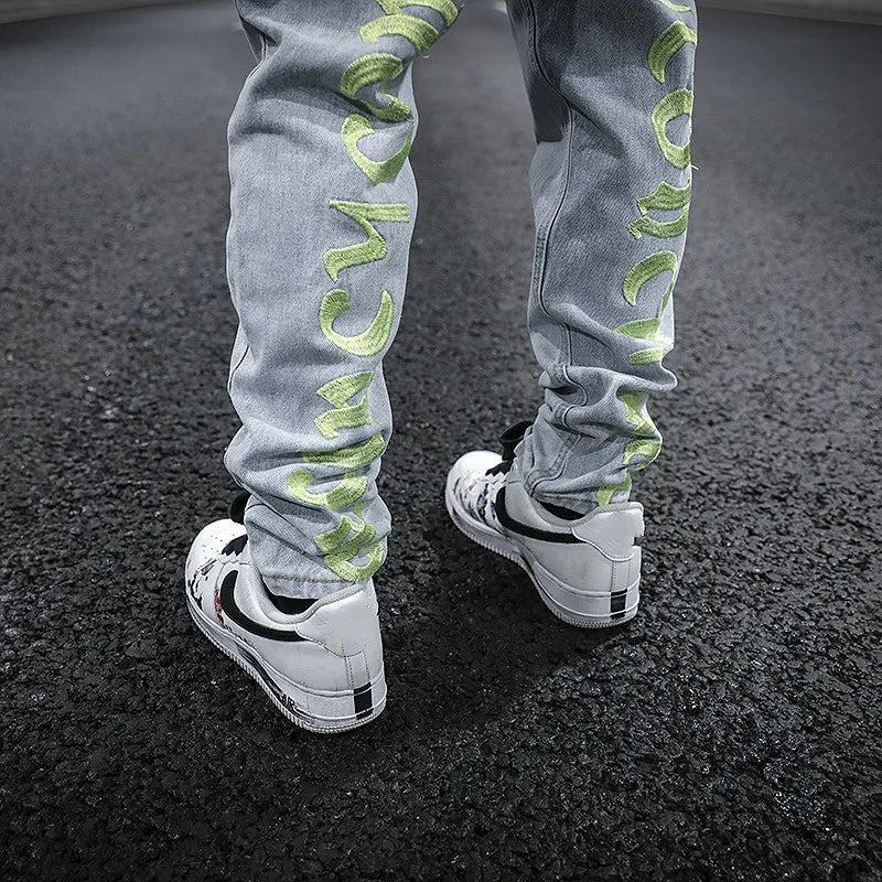 men back letter embroidery denim jean pants fashion slim zipper biker jeans trouser new casual hip hop streetwear pants joggers urban active pants