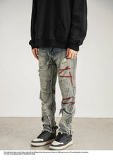 destroyed ripped straight jeans pants mens distressed biker jeans fashion irregular embroidery streetwear hip hop pants joggers unique joggers style 3948